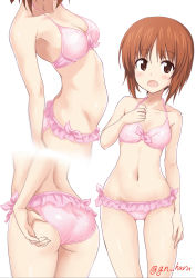 Rule 34 | 10s, 1girl, adjusting clothes, adjusting swimsuit, ass, bikini, breasts, brown eyes, brown hair, cleavage, collarbone, frilled bikini, frills, gin&#039;you haru, girls und panzer, gluteal fold, highres, medium breasts, multiple views, navel, nishizumi miho, pink bikini, simple background, standing, swimsuit, twitter username, white background