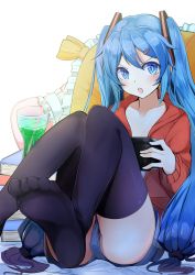 Rule 34 | 1girl, absurdres, black thighhighs, blue eyes, blue hair, book, cushion, drink, drinking straw, feet, foot focus, hair ornament, hairclip, handheld game console, hatsune miku, highres, kazenoko, long hair, looking at viewer, matching hair/eyes, no shoes, open mouth, playstation portable, shorts, sitting, soles, solo, thighhighs, twintails, very long hair, vocaloid