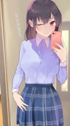 Rule 34 | 1girl, ;), black hair, blouse, blue shirt, blue skirt, blush, cellphone, closed mouth, collared shirt, commentary request, earrings, hair between eyes, hand up, highres, holding, holding phone, indoors, jewelry, long hair, long sleeves, looking at viewer, one eye closed, original, phone, plaid, plaid skirt, pleated skirt, red eyes, shirt, skirt, smile, solo, standing, stud earrings, tomozero, translation request, white shirt