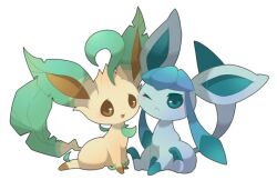 Rule 34 | animal focus, blue eyes, blue fur, brown eyes, brown fur, commentary request, creatures (company), game freak, gen 4 pokemon, glaceon, leaf, leafeon, nintendo, no humans, one eye closed, pokemon, pokemon (creature), prehensile hair, simple background, sitting, tail, towa (clonea), white background