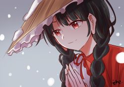 Rule 34 | 1girl, ajirogasa, artist name, black hair, braid, capelet, frilled hat, frills, gradient background, grey background, hat, izha (seisfleur), light smile, own hands together, red capelet, red eyes, red ribbon, ribbon, snow, snowing, solo, touhou, twin braids, yatadera narumi