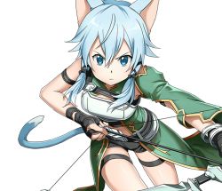 Rule 34 | 1girl, animal ears, armor, arrow (projectile), asymmetrical sleeves, black ribbon, black shorts, blue eyes, blue hair, bow (weapon), breastplate, cat ears, cat tail, drawing bow, hair ornament, hair ribbon, holding, holding bow (weapon), holding weapon, midriff, ribbon, shiny skin, short hair with long locks, short shorts, shorts, sidelocks, sinon (sao-alo), slit pupils, solo, sword art online, tail, thigh strap, transparent background, uneven sleeves, weapon