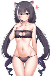 Rule 34 | 1girl, absurdres, animal ear fluff, animal ears, bare arms, bare shoulders, black bra, black hair, black panties, blush, bra, breasts, cat cutout, cat ear panties, cat ears, cat girl, cat lingerie, cat tail, cleavage, cleavage cutout, closed mouth, clothing cutout, collarbone, cowboy shot, frilled bra, frills, gluteal fold, green eyes, groin, hand on own chest, hand up, heart, highres, karyl (princess connect!), long hair, looking at viewer, low twintails, medium breasts, meme attire, multicolored hair, navel, panties, princess connect!, simple background, smile, solo, standing, stomach, strapless, strapless bra, streaked hair, string panties, sunhyun, tail, tail raised, thigh gap, thighs, twintails, two-tone hair, underwear, underwear only, very long hair, white background, white hair