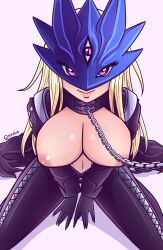 Rule 34 | 1girl, absurdres, beelstarmon, blonde hair, breasts, breasts out, chain, digimon, digimon (creature), female focus, highres, large breasts, mask, nipples, solo, third eye