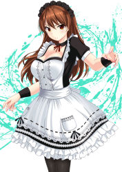 Rule 34 | 1girl, absurdres, alternate costume, black legwear, breasts, brown eyes, brown hair, cleavage, dead or alive, enmaided, female focus, frilled skirt, frills, haruka (artist), highres, kasumi (doa), large breasts, long hair, looking at viewer, maid, maid headdress, matching hair/eyes, phase-4, pocket, short sleeves, skirt, solo, standing, wrist cuffs