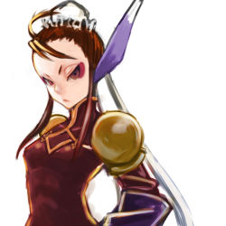Rule 34 | 1girl, animal ears, breasts, breath of fire, breath of fire iv, brown hair, bun cover, closed mouth, commentary request, dress, eyeshadow, looking at viewer, makeup, nyantiu, short hair, simple background, solo, ursula (breath of fire), white background