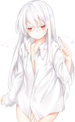 Rule 34 | 1girl, bad id, bad pixiv id, borrowed character, colored eyelashes, commentary request, dress shirt, hair between eyes, highres, holding, holding marker, long hair, long sleeves, looking at viewer, marker, naked shirt, original, red eyes, scar, shirt, simple background, solo, stitches, unbuttoned, unbuttoned shirt, white background, white hair, white shirt