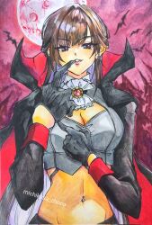 Rule 34 | 1girl, artist name, ascot, bat (animal), black cape, black gloves, breasts, brown eyes, brown hair, cape, colored pencil (medium), cropped jacket, ear piercing, fang, finger to mouth, gloves, goddess of victory: nikke, grey jacket, half gloves, halloween, halloween costume, highres, jacket, large breasts, long hair, looking at viewer, marciana (nikke), michikusa choco, moon, navel, navel piercing, piercing, red cape, red moon, solo, traditional media, two-tone cape, vampire costume, white ascot
