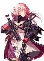 Rule 34 | 1girl, ar-15, armband, armor, assault rifle, blue eyes, blue hair, blush, closed mouth, clothes writing, coat, commentary, dress, dual wielding, floating hair, gas mask, girls&#039; frontline, gloves, gun, hair between eyes, hair ornament, holding, holding gun, holding weapon, holster, jacket, long hair, looking at viewer, magazine (weapon), mask, mod3 (girls&#039; frontline), multicolored hair, open clothes, open coat, parted lips, pink hair, ponytail, rifle, scarf, scope, sidelocks, signature, silence girl, simple background, skindentation, solo, st ar-15 (girls&#039; frontline), st ar-15 (mod3) (girls&#039; frontline), strap, streaked hair, thigh holster, thigh strap, thighhighs, torn clothes, torn jacket, trigger discipline, weapon, white background, wind, wind lift