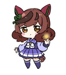 Rule 34 | 1girl, animal ears, blue shirt, blue skirt, blush stickers, bow, brown eyes, brown hair, chibi, closed mouth, commentary request, ear bow, full body, green bow, hand up, highres, horse ears, horse girl, horse tail, long sleeves, looking at viewer, multicolored hair, nice nature (umamusume), nozo (hitomiz), pleated skirt, puffy long sleeves, puffy sleeves, purple shirt, purple thighhighs, school uniform, shirt, simple background, skirt, solo, standing, streaked hair, tail, thighhighs, tracen school uniform, twintails, umamusume, white background, white bow