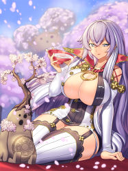 Rule 34 | 1girl, breasts, bridal gauntlets, cherry blossoms, commentary request, cup, elbow gloves, garter straps, gloves, hand up, high collar, highres, huge breasts, isabelle (shadowverse), long hair, looking at viewer, outdoors, purple eyes, purple hair, sakazuki, shadowverse, sitting, smile, solo, thick thighs, thighhighs, thighs, very long hair, white gloves, yui sora