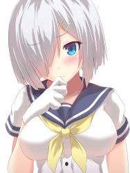 Rule 34 | 1girl, absurdres, arm at side, blue eyes, blue sailor collar, blush, breasts, buttons, closed mouth, gloves, hair ornament, hair over one eye, hairclip, hamakaze (kancolle), hand up, heart, highres, illusion, kantai collection, koumei (twinameless), large breasts, long hair, looking at viewer, neckerchief, one eye covered, sailor collar, school uniform, serafuku, shirt, short hair, short sleeves, silver hair, simple background, solo, upper body, wavy mouth, white background, white gloves, white shirt, yellow neckerchief