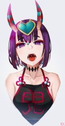Rule 34 | 1girl, absurdres, bare shoulders, breasts, chinese clothes, choker, clothes writing, collarbone, dudou, earrings, eyeshadow, fangs, fate/grand order, fate (series), forehead jewel, grey background, heart, highres, horns, jewelry, looking at viewer, makeup, medium breasts, nixour, open mouth, purple eyes, purple hair, saliva, short hair, shuten douji (fate), shuten douji (fate/grand order), shuten douji (halloween caster) (fate), skin-covered horns, solo, tongue, tongue out, upper body