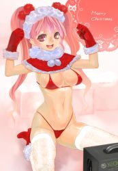 Rule 34 | 1girl, bikini, breasts, capelet, christmas, cleavage, game console, gloves, happy, izumi (walnov), kneeling, large breasts, long hair, micro bikini, open mouth, original, pink eyes, pink hair, red bikini, red gloves, santa costume, smile, solo, string bikini, swimsuit, thighhighs, twintails, xbox