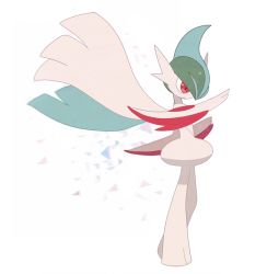 Rule 34 | blade, chromatic aberration, closed mouth, colored skin, commentary request, creatures (company), full body, gallade, game freak, gen 4 pokemon, green hair, jaho, mega gallade, mega pokemon, nintendo, pokemon, pokemon (creature), red eyes, solo, standing, white background, white skin