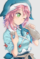 Rule 34 | 1girl, absurdres, apron, blue shirt, bottle, choko (cup), commentary, cup, green eyes, grey background, highres, holding, holding bottle, holding cup, light frown, looking down, okunoda miyoi, one eye closed, pink hair, shirt, short hair, simple background, sleeves rolled up, solo, standing, tokkuri, touhou, upper body, waist apron, whale hat, yukanomokume