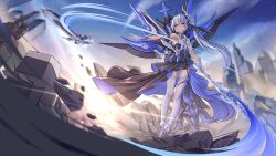 Rule 34 | 1girl, absurdres, bare shoulders, blue eyes, chinese commentary, closed mouth, commentary request, dress, floating, floating object, floating weapon, full body, gloves, hair ornament, highres, hinata mr assassin, holding, holding polearm, holding weapon, honkai (series), honkai impact 3rd, long hair, outdoors, polearm, side ponytail, sky, sleeveless, sleeveless dress, solo, spear, standing, theresa apocalypse, theresa apocalypse (twilight paladin), thighhighs, weapon, white gloves, white hair, white thighhighs