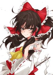 Rule 34 | 1girl, artist name, ascot, bare shoulders, black hair, blush, bow, brown eyes, commentary request, detached sleeves, frilled ascot, frilled bow, frilled shirt collar, frills, gohei, hair between eyes, hair bow, hair tubes, hakurei reimu, half updo, hand up, lalu, long hair, long sleeves, looking at viewer, red bow, red skirt, ribbon-trimmed sleeves, ribbon trim, sidelocks, signature, simple background, skirt, skirt set, smile, solo, touhou, upper body, white background, wide sleeves, yellow ascot