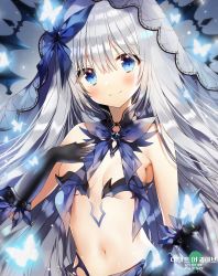 Rule 34 | 1girl, bad id, bad pixiv id, bare shoulders, black gloves, blue eyes, blush, breasts, breasts apart, bug, butterfly, closed mouth, date a live, gloves, highres, insect, long hair, looking at viewer, navel, revealing clothes, silver hair, small breasts, smile, solo, stomach, tobiichi origami, upper body, veil, very long hair, weri