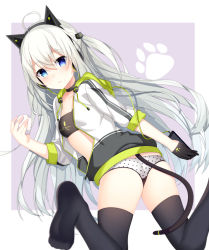 Rule 34 | 1girl, :t, absurdres, ahoge, animal ear headphones, animal ears, ass, bandeau, black bandeau, black thighhighs, blue eyes, blush, breasts, cat ear headphones, cat ears, cat hair ornament, cleavage, closed mouth, collarbone, commentary request, commission, copyright request, eating, fake animal ears, food, food on face, hair between eyes, hair ornament, headphones, highres, holding, holding food, jacket, jyt, long hair, no shoes, one side up, open clothes, open jacket, panties, pixiv commission, polka dot, polka dot panties, purple background, silver hair, soles, solo, thighhighs, two-tone background, underwear, very long hair, white background, white jacket, white panties