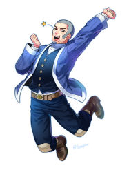 Rule 34 | 1boy, arm up, belt, black pants, black vest, brown eyes, brown footwear, buzz cut, facial hair, foxvulpine, full body, goatee, golden kamuy, grey hair, hand up, jacket, jumping, long sideburns, male focus, one eye closed, open clothes, open jacket, pants, purple jacket, shiraishi yoshitake, short hair, sideburns, simple background, solo, sparkle, tongue, tongue out, very short hair, vest