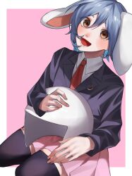 Rule 34 | 1girl, :d, absurdres, animal ears, black jacket, black thighhighs, blazer, blue hair, blush, breasts, brown eyes, collared shirt, commentary request, crescent, crescent pin, dutch angle, fingernails, full body, hair between eyes, helmet, highres, holding, holding helmet, jacket, long bangs, long sleeves, looking at viewer, lower teeth only, nasu1225, necktie, open mouth, pink background, pink skirt, pleated skirt, rabbit ears, rabbit girl, red necktie, reisen (touhou bougetsushou), seiza, shirt, short hair, simple background, sitting, skirt, small breasts, smile, solo, teeth, thighhighs, touhou, two-tone background, white background, white shirt