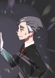 Rule 34 | 1boy, alternate costume, black eyes, black jacket, bright pupils, closed mouth, collared shirt, commentary, creatures (company), crying, from side, game freak, gloves, grey hair, hand up, highres, jacket, kabu (pokemon), long sleeves, male focus, necktie, nintendo, nyoripoke, pokemon, pokemon swsh, red necktie, sad, shirt, short hair, solo, tears, twitter username, watermark, white gloves, white pupils, white shirt