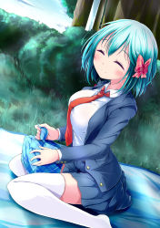 Rule 34 | 10s, 1girl, ^ ^, aqua hair, bento, blush, bow, breasts, closed eyes, divine gate, closed eyes, from side, grass, hair bow, highres, holding, jacket, long sleeves, medium breasts, nanaume (shichimi tougarashi), necktie, no shoes, outdoors, pink bow, pleated skirt, school uniform, short hair, sitting, skirt, sky, smile, solo, thighhighs, vivian (divine gate), wariza, white thighhighs