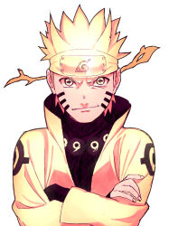 Rule 34 | 1boy, black shirt, blonde hair, closed mouth, colored sclera, commentary request, crossed arms, facial mark, fingernails, forehead protector, high collar, konohagakure symbol, kujuu shikuro, long sleeves, looking at viewer, male focus, naruto, naruto (series), plus sign, sennin mode, shirt, short hair, simple background, solo, upper body, uzumaki naruto, whisker markings, white background, yellow sclera