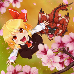 Rule 34 | 1girl, bad id, bad pixiv id, blonde hair, capcom, cherry blossoms, crossover, dragon, from above, looking up, monster hunter (series), open mouth, rathalos, rumia, shin psalm, short hair, smile, touhou