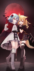 Rule 34 | 2girls, absurdres, alternate costume, animal ears, artist name, black thighhighs, blonde hair, blue hair, boots, flandre scarlet, frilled skirt, frills, full body, full moon, highres, honotai, kemonomimi mode, looking at viewer, moon, multiple girls, pointy ears, red eyes, red moon, red nails, remilia scarlet, side ponytail, single thighhigh, skirt, smile, thigh strap, thighhighs, touhou, twitter username, white footwear, wings