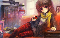 Rule 34 | 1girl, bad id, bad pixiv id, brown eyes, brown hair, drink, gun, lm7 (op-center), lying, original, pantyhose, pen, rifle, scarf, sniper rifle, solo, weapon, yellow scarf