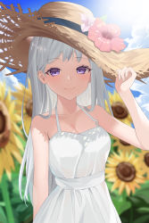 Rule 34 | 1girl, absurdres, bare shoulders, blurry, blurry background, breasts, brown hat, cleavage, closed mouth, collarbone, cowboy shot, day, depth of field, dress, flower, guntree, hair flower, hair ornament, hand on headwear, hat, highres, long hair, looking at viewer, original, outdoors, purple eyes, red flower, sleeveless, sleeveless dress, small breasts, smile, solo, straw hat, sundress, sunflower, white dress, white hair