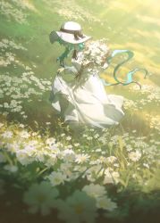 1girl absurdres blue_hair bouquet dress field flower flower_field green_theme hat hatsune_miku highres holding holding_bouquet konya_karasue long_hair long_sleeves outdoors skirt_hold twintails vocaloid walking white_dress white_flower