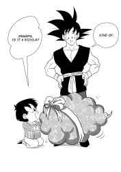 Rule 34 | 1boy, 1girl, :d, black eyes, black hair, commentary, dougi, dragon ball, dragonball z, english commentary, english text, fingernails, flying nimbus, full body, gift, grandfather and granddaughter, greyscale, hand on own hip, happy, highres, kneeling, long sleeves, looking down, looking up, monochrome, open mouth, pan (dragon ball), profile, ribbon, seiza, short hair, simple background, sitting, smile, son goku, speech bubble, spiked hair, standing, white background, wristband
