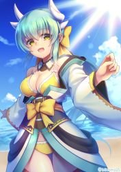 Rule 34 | 1girl, :d, aqua hair, beach, bikini, bow, breasts, cleavage, day, fate/grand order, fate (series), hair bow, horns, kiyohime (fate), kiyohime (fate/grand order), kiyohime (swimsuit lancer) (fate), kiyohime (swimsuit lancer) (first ascension) (fate), large breasts, long hair, looking at viewer, minamo25, ocean, open mouth, smile, solo, swimsuit, yellow bikini, yellow eyes
