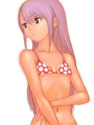 Rule 34 | 1girl, bikini, flat chest, frown, fumio (rsqkr), long hair, looking away, navel, pink hair, polka dot, polka dot bikini, polka dot swimsuit, purple hair, simple background, solo, swimsuit