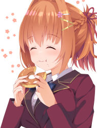 Rule 34 | 1girl, :t, ^ ^, blush, braid, breasts, cafe stella to shinigami no chou, closed eyes, closed mouth, collared shirt, commentary, doughnut, eating, flower, food, food on face, french braid, hair between eyes, hair intakes, hair ribbon, hands up, happy, holding, holding food, jacket, large breasts, long sleeves, medium hair, minase kaya, orange hair, pink flower, red jacket, red ribbon, ribbon, school uniform, shirt, short ponytail, simple background, solo, sumizome nozomi, symbol-only commentary, upper body, white background, white shirt