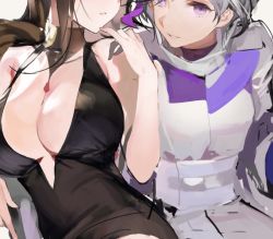Rule 34 | 2girls, bare arms, bare shoulders, black dress, breasts, brown hair, contender (girls&#039; frontline), contender (opera ghost) (girls&#039; frontline), dress, dsr-50 (girls&#039; frontline), dsr-50 (highest bid) (girls&#039; frontline), girls&#039; frontline, grey hair, hand up, head out of frame, jewelry, large breasts, liduke, long hair, looking at viewer, medium breasts, multiple girls, necklace, official alternate costume, parted lips, purple eyes, sash, short hair, sketch, smile, turtleneck