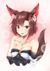 Rule 34 | 1girl, :p, absurdres, akiteru (akiteru98), alternate hair length, alternate hairstyle, animal ear fluff, animal ears, bare shoulders, breasts, brooch, brown hair, cleavage, collarbone, commentary request, cropped torso, dress, drooling, fang, fang out, fingernails, hair between eyes, hand up, highres, imaizumi kagerou, jewelry, large breasts, lens flare, looking at viewer, nail polish, off-shoulder dress, off shoulder, parted lips, pink background, red eyes, red nails, sharp fingernails, short hair, solo, tail, tongue, tongue out, touhou, upper body, white dress, wolf ears, wolf tail
