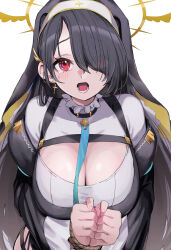Rule 34 | 1girl, absurdres, black hair, blue archive, blue necktie, blush, bound, breasts, cleavage, coif, eyes visible through hair, habit, hair over one eye, halo, highres, hinata (blue archive), large breasts, long hair, long sleeves, looking at viewer, necktie, nun, open mouth, pizzasi, red eyes, restrained, rope, simple background, sleeve garter, solo, upper body, white background, wide sleeves, yellow halo