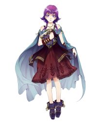 Rule 34 | 1girl, blue cape, book, cape, female focus, fire emblem, fire emblem heroes, full body, highres, holding, holding book, jewelry, long hair, lute (fire emblem), matching hair/eyes, necklace, nintendo, official art, purple eyes, purple footwear, purple hair, solo, standing, transparent background