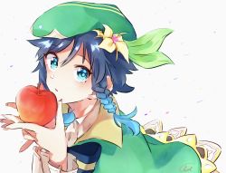 Rule 34 | 1boy, androgynous, apple, beret, black hair, blue eyes, blue hair, bow, braid, cape, collared cape, collared shirt, flower, food, frilled sleeves, frills, fruit, genshin impact, gradient hair, green hat, hair flower, hair ornament, hat, highres, holding, holding food, holding fruit, leaf, long sleeves, looking at viewer, male focus, multicolored hair, nekorin chu, open mouth, shirt, short hair with long locks, simple background, solo, twin braids, venti (genshin impact), white background, white flower, white shirt