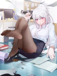 Rule 34 | 1girl, absurdres, ass, black footwear, black pantyhose, blush, book, breasts, coffee, cup, feet, g li, high heels, highres, long hair, looking at viewer, medium breasts, monitor, office lady, open mouth, pantyhose, paper, pencil skirt, ponytail, purple eyes, sitting, skirt, solo, spill, sweat, tower of fantasy, white hair