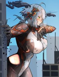Rule 34 | 1girl, absurdres, aircraft, blue hair, blue sky, bodysuit, breasts, city, cityscape, colossus (natsukaze shigure), covered erect nipples, destruction, giant, giantess, green eyes, hair ornament, helicopter, highres, large breasts, magical girl, natsukaze shigure, navel, original, outdoors, short hair, skin tight, sky, solo, standing, tokusatsu