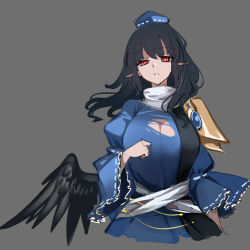 Rule 34 | 1girl, black hair, black wings, blue dress, blue hair, breasts, cleavage, coat, dress, frilled dress, frills, gem, grey background, hat, highres, iizunamaru megumu, large breasts, long hair, pointy ears, pom pom (clothes), raptor7, red eyes, ribbon trim, serious, shirt, shoulder guard, sleeveless, sleeveless coat, solo, tokin hat, torn clothes, torn shirt, touhou, wings
