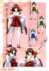 Rule 34 | 1girl, absurdres, brown hair, character sheet, concept art, hand on own hip, highres, holding, holding weapon, japanese clothes, kumon waka, long hair, looking at viewer, miko, multiple views, naginata, non-web source, open mouth, phantom breaker, polearm, sandals, simple background, smile, standing, suzuhira hiro, thighhighs, very long hair, weapon, white thighhighs, wide sleeves