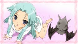 Rule 34 | 1girl, aqua hair, bat wings, bed, blue eyes, collared shirt, dual persona, haiyore! nyaruko-san, shantak (nyaruko-san), shirt, wings, yuto (dialique)