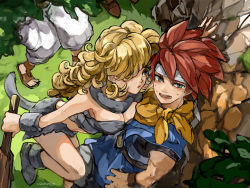 Rule 34 | 1boy, 3girls, ayla (chrono trigger), baggy pants, bare shoulders, belt, bikini, blonde hair, blue eyes, blue tunic, boots, breasts, brown belt, brown footwear, chrono trigger, cleavage, crono (chrono trigger), curly hair, feet out of frame, fur bikini, fur boots, grass, grey bikini, grey footwear, hair over one eye, headband, highres, holding club, large breasts, long hair, looking at another, looking away, lucca ashtear, marle (chrono trigger), midriff, multiple girls, open mouth, outdoors, pants, red eyes, sandals, scarf, short hair, spiked hair, sweatdrop, swimsuit, tree, uzutanco, white headband, white pants, yellow scarf