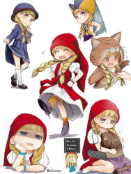 Rule 34 | 1boy, 1girl, :d, ^ ^, akino shuu, alternate costume, animal costume, animal ears, animal hood, arm support, bare shoulders, barefoot, blonde hair, blue headwear, blue shirt, blue skirt, blush, bow, braid, brown hair, cat costume, cat ears, cat hood, closed eyes, closed mouth, commentary request, dancing, dragon quest, dragon quest xi, dress, eighth note, fake animal ears, flying sweatdrops, hat, head rest, hood, hood up, hug, long hair, low twintails, multiple views, musical note, nose blush, open mouth, orange socks, out of frame, pleated skirt, puffy short sleeves, puffy sleeves, purple eyes, purple footwear, purple shirt, red dress, red headwear, round teeth, shaded face, shirt, shoe soles, shoes, short sleeves, simple background, sitting, skirt, smile, socks, sweat, teeth, translation request, twin braids, twintails, twitter username, upper teeth only, v-shaped eyebrows, veronica (dq11), very long hair, waist bow, wariza, wavy mouth, white background, white dress